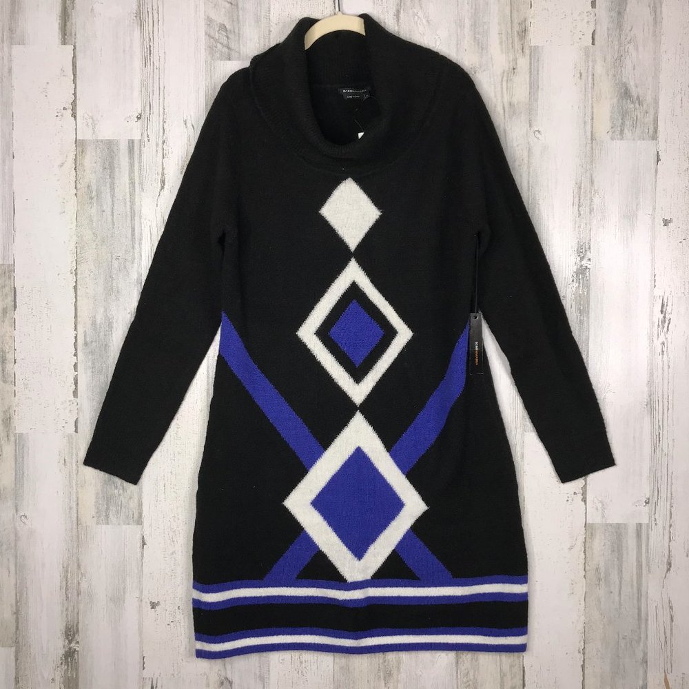 Nwt Bcbgmaxazria Blue Black Argyle Sweater Dress